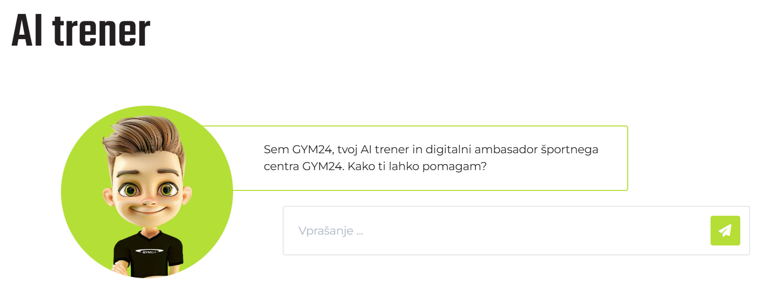 GYM24 website integration showing the AI trainer character, welcome message and conversation field
